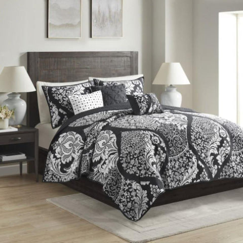 ZUN 6 Piece Printed Cotton Quilt Set with Throw Pillows Black Full/Queen B03597639