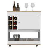 Lotus Bar Cart, Six Bottle Cubbies, One Cabinet, Four Casters, Light Oak / White B097133069