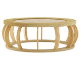 35.43"Vintage Rattan Solid Wood Round Coffee Table, Curved Legs Boho Accent Table for Dining Room, W757P383547