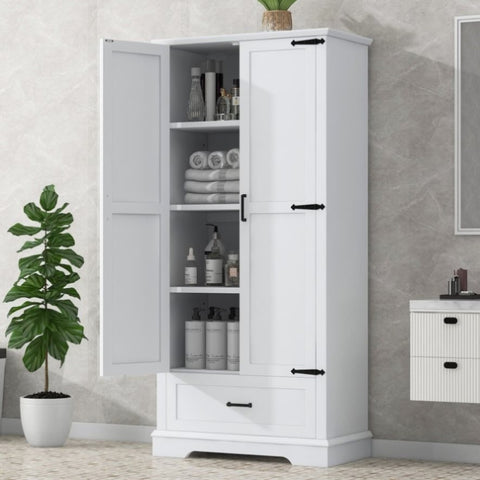 ZUN Tall Bathroom Storage Cabinet, Cabinet with Two Doors and One Drawer, Adjustable Shelf, MDF Board, WF326355AAK