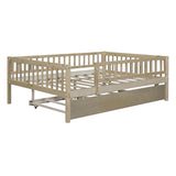 Full Size Wood Daybed with Trundle and Fence Guardrails, Natural WF301863AAN