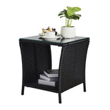 Outdoor Patio Wicker Side Table, Square End Table Bistro Coffee Table with Glass Top Storage Shelf 22548408
