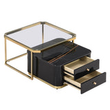 ZUN Modern 2 Pieces Black Square Nesting Coffee Table with Drawers & Electroplated gold legs in 27.6'' WF325925AAB