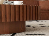 Oval Coffee Table Handcrafted Relief Sturdy Pedestal Wooden Olive-Shaped Tea Table for Living Room W3081P255090
