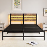 Queen Size Metal Bed Frame with Wooden Headboard, RGB Lights,Charger, Storage Shelf, Noise-Free, No W840P209904