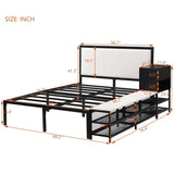 Full size Metal Platform Bed with Two-Tier Storage Shelves, Wooden Storage Cabinet, Black N737P199334B