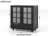 Minimalist Black Buffet Cabinet with Double Glass Doors and Drawer, Modern Wooden Storage Sideboard 26388624
