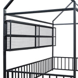 Twin Size Metal Bed House Bed Frame with Fence and Shelves, Black N737P175360B