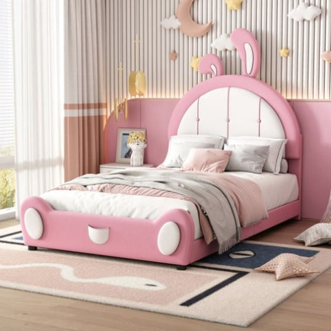 ZUN Twin Size Upholstered Platform Bed with Rabbit Shaped Headboard, Pink WF323763AAH