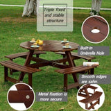 ZUN Outdoor 8 Person Picnic Table, 8 person Round Picnic Table with 4 Built-in Benches, Umbrella Hole, W2275P149765