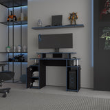 FM FURNITURE Lol Minimalist Gaming Desk with Elevated Monitor Shelf. Blue Accents B128P283295