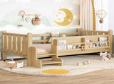 Twin Size Floor Bed with Storage Bookcases, Solid Wood Kids Floor Bed with Cute Stairs and W1580P430184