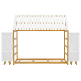 Wooden Twin Size House Bed with Fence and Roof, Kids Floor Bed with Two Movable Wardrobes, Natural N733P240134M