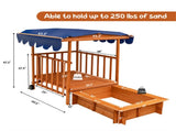 Cedar Wood Kids Sandpit with Playhouse & Canopy, Sandbox with Rear Wheels, NaturalBlue 05048118