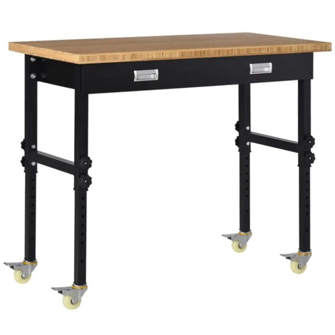 ZUN 47" Garage Work Bench with Drawer and Wheels, Height Adjustable Legs, Bamboo Tabletop Workstation 55699608