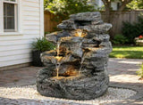 5-Tiered Concrete Tall Slim Fountain, 23.85"H LED-Lit Column, Space-Saving Modern Outdoor Accent, N765P324556G