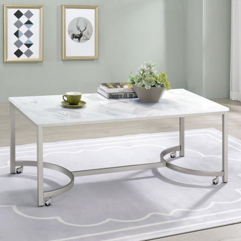 ZUN White and Satin Nickel Coffee Table with Casters B062P153614