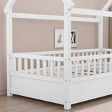 Twin Size Floor Wooden Bed with House Roof Frame, Fence Guardrails,White W1858123984