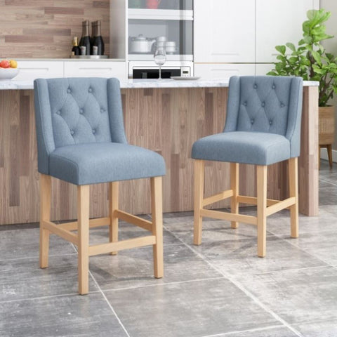 ZUN Vienna Contemporary Fabric Tufted Wingback 27 Inch Counter Stools, Set of 2, Light Blue and Natural 64853.00LBLU