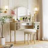 ZUN GO 43" Dressing Table Set with Mirrored Drawers and Stool, Tri-fold Mirror, Makeup Vanity Set for WF306449AAT