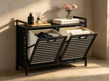 2Bin PullOut Bamboo Laundry Hamper Cabinet, 10Gallon Removable Polyester Fabric Sorter Baskets 46103607