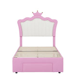 Twin Size Upholstered Bed Frame with LED Lights, Modern Upholstered Princess Bed with Crown W2770P190376