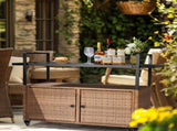 Outdoor Bar Cart Table, Large Wicker Island Rolling Cart, Wheeled Buffet Serving Cart with Glass Top 04069114
