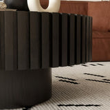 Round Coffee Table Handcrafted Relief Sturdy Pedestal Wooden Olive-Shaped Tea Table for Living Room W3081P255051