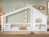 Twin House Floor Bed with Window and a Small Shelf, Solid Wood Floor Bed with House-shaped Roof, No W1580P362678