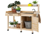 Natural Wood Outdoor Potting Bench with Storage Cabinet,Sink and Faucet ,Hooks 83627467
