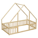 Twin Wood House-Shaped Floor Bed with Fence, Guardrails ,Natural W504P143291