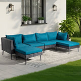 2 pcs armless sofa 2 pcs corner sofa 2 pcs footstool iron legs black rattan peacock green 72293141