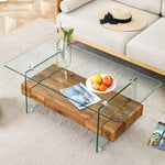 ZUN 43.3 Inch Modern Two-Tier Coffee Table - Clear Tempered Glass and Natural Wood Grain, W1151P232622