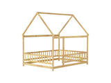 Full Size House Floor Wooden Bed with Roof Frame, Safety Guardrails,Natural W504P370560