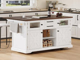 54.9" Kitchen Island with Drop Leaf, Power Outlet, Kitchen Storage Cart with 4 Door Shelves, Cross 57632975