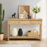 Boho Style Rattan Console Table with 3 Drawers and Open Storage Shelf, Entryway Table Narrow Long 15733776