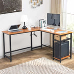 ZUN L-Shaped Desktop Computer Desk with Power Outlets & Shelf Tiger wood 19002762