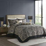 5 Piece Jacquard Bedspread Set with Throw Pillows Black Queen B03597641