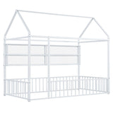 Twin Size Metal Bed House Bed Frame with Fence and Shelves, White N737P175360K