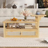 U-Can Modern Coffee Table, Coffee Table with 1 Storage Shelf, 2 Tabletops and 1 Rattan Drawer For N724P232190N