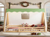 Full Size House Floor Bed with Tent and Light, Solid Wood Teepee Floor Bed with Full-length W1580P369468