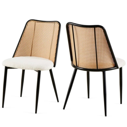 ZUN Off White Rattan Dining Chairs Set of 2,Boucle Chairs with Natural Cane Back, Upholstered Dining W1164P218677