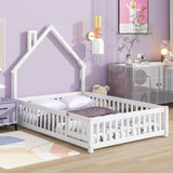 Full House-Shaped Headboard Floor Bed with Fence ,White W504119481