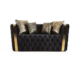 Button Tufted Loveseat with Velvet Fabric and Gold Accent in Black B00961119