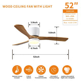 52 inch White Wood Ceiling Fans Lights and Remote, Modern Flush Mount Low Profile Ceiling Fan W2352P309353