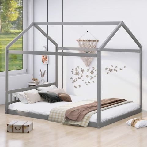 ZUN Queen Size Wooden House Bed with Headboard,Gray 92732406