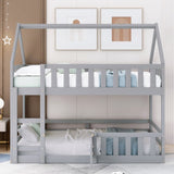 Twin over Twin House Bunk Bed with Fence and Door, Gray WF313047AAE
