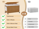 165L 3-Section Laundry Hamper with Lid and Wheels, Woven Rattan Rolling Laundry Hamper 60470878