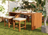 5 Piece Outdoor Set, Patio Acacia Wood Height Table & Four Stools with Cushions, Wood Dining 88788867