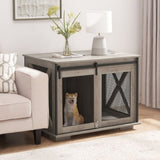 Farmhouse Dog Cage Crate Furniture Sliding Barn Door, Farmhouse Wooden Dog Kennel End Table W2275P164727